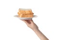 Chef holding toast wheat bread sliced on white background