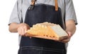 Chef holding toast wheat bread sliced on white background