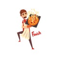 Chef holding a tray with freshly cooked hot pizza, pizza maker character, stage of preparing Italian pizza vector