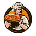 Chef holding a tray of pizza. Fast food, restaurant, pizzeria logo. Vector illustration