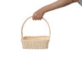 Chef holding wooden basket on white background