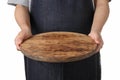 Chef holding wooden cuttingboard on white background