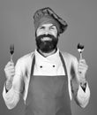 Chef holds cutlery. Professional cookery concept. Cook with happy face