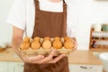 Chef holds tray of eggs It has organic egg An organical food for good living life