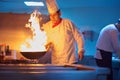 Chef in hotel kitchen prepare food with fire Royalty Free Stock Photo