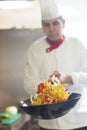 Chef in hotel kitchen prepare food with fire Royalty Free Stock Photo