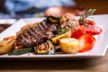 Chef in hotel or restaurant kitchen cooking only hands. Prepared beef steak with vegetable decoration Royalty Free Stock Photo