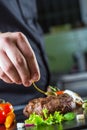 Chef in hotel or restaurant kitchen cooking, only hands. Prepared beef steak with vegetable decoration Royalty Free Stock Photo