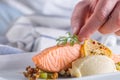 Chef in hotel or restaurant kitchen cooking, only hands. Prepared salmon steak with dill decoration Royalty Free Stock Photo
