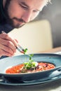 Chef in hotel or restaurant kitchen cooking, only hands. He is working on the micro herb decoration. Preparing tomato soup Royalty Free Stock Photo