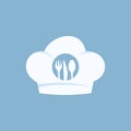 Chef icon with fork and knive isolated on blue background. flat style design trendy modern vector illustration