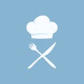 Chef icon with fork and knive isolated on blue background. flat style design trendy modern vector illustration