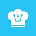 chef icon with fork and knive isolated on blue background. flat style design trendy modern vector illustration