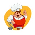 Chef illustration, smiling man character on kitchen in chef`s hat. Cooking tasty food, ok hand gesture sign, isolated on