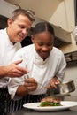 Chef Instructing Trainee In Restaurant Kitchen Royalty Free Stock Photo