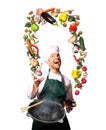 Chef juggling with vegetables