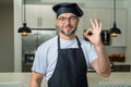 Chef on kitchen. Professional chef man in uniform on kitchen. Bearded chef, cook or baker. Male chef over kitchen