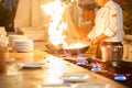 The chef in the kitchen of the restaurant on the stove with a pan, cooks over high heat