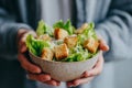 A chef in a kitchen setting serves a bowl of freshly prepared salad, complete with creamy dressing and crispy croutons Royalty Free Stock Photo