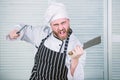 Chef with knifes. Professional in kitchen. culinary cuisine. angry bearded man with knife. love eating food. confident Royalty Free Stock Photo