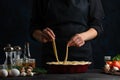 Chef lays out a grid of dough, prepares a pie, culinary recipes, cooking