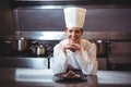 Chef leaning on the counter with a dish Royalty Free Stock Photo