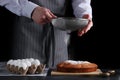 Chef make cake. pie making. recipe concept on dark background