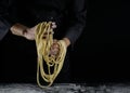 Chef Makes Noodles by Hand. Hand Pulled Noodles Royalty Free Stock Photo