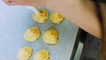 The chef makes potato cookies using a food bag. Potato cookies canonic recipe Brie, parmesan and Heavy cream.