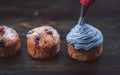 Chef making blueberry cupcakes with cream Royalty Free Stock Photo