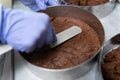 Chef Making Crust Cake From Chocolate and Cream