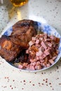 A chef is making fillings for char siu bao, dicing char siu pork Royalty Free Stock Photo