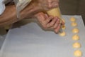 Chef making homemade bakery name is choux cream
