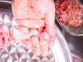 A chef making shish kebab of red meat Royalty Free Stock Photo