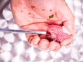 A chef making shish kebab of red meat Royalty Free Stock Photo