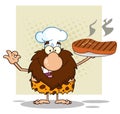 Chef Male Caveman Cartoon Mascot Character Holding Up A Platter With Big Grilled Steak And Gesturing Ok Royalty Free Stock Photo