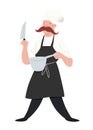 Chef. Man in apron and the chefs hat. Employee of kitchen with moustaches, knife and pan. People vector illustration .