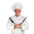 Chef man holding two knifes. Royalty Free Stock Photo