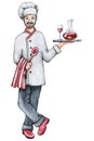 The chef is a man with a tray and wine in his hands. Hand drawn watercolor illustration isolated on white background