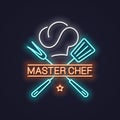 Chef master neon with chef hat neon banner background