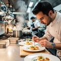 Other chefs work in the background attending to various culinary Royalty Free Stock Photo