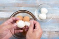 Chef peeling boiled egg for cooking Pork stewed