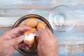 Chef peeling boiled egg for cooking Pork stewed