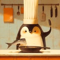 Chef Penguin Cooking Delicious Fish: A Fun & Heartwarming Stock Image for Advertisements & Marketing