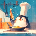 Chef Penguin Cooks Fish, Animated Illustration for Stock Image Use