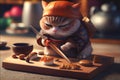 Chef pet cat using knife preparing and eating sushi