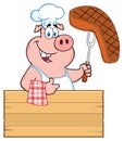 Chef Pig Cartoon Mascot Character Holding A Cooked Steak On A Bbq Fork Over A Wooden Sign Giving A Thumb Up Royalty Free Stock Photo