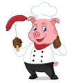 Chef pig cartoon mascot grilling sausage