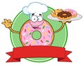 Chef Pink Donut Cartoon Character Serving Donuts Circle Label