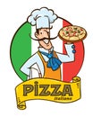 Funny italian chef with pizza. Emblem design Royalty Free Stock Photo